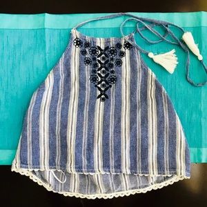 Hollister Blue & White Striped Tie-String Crop Top